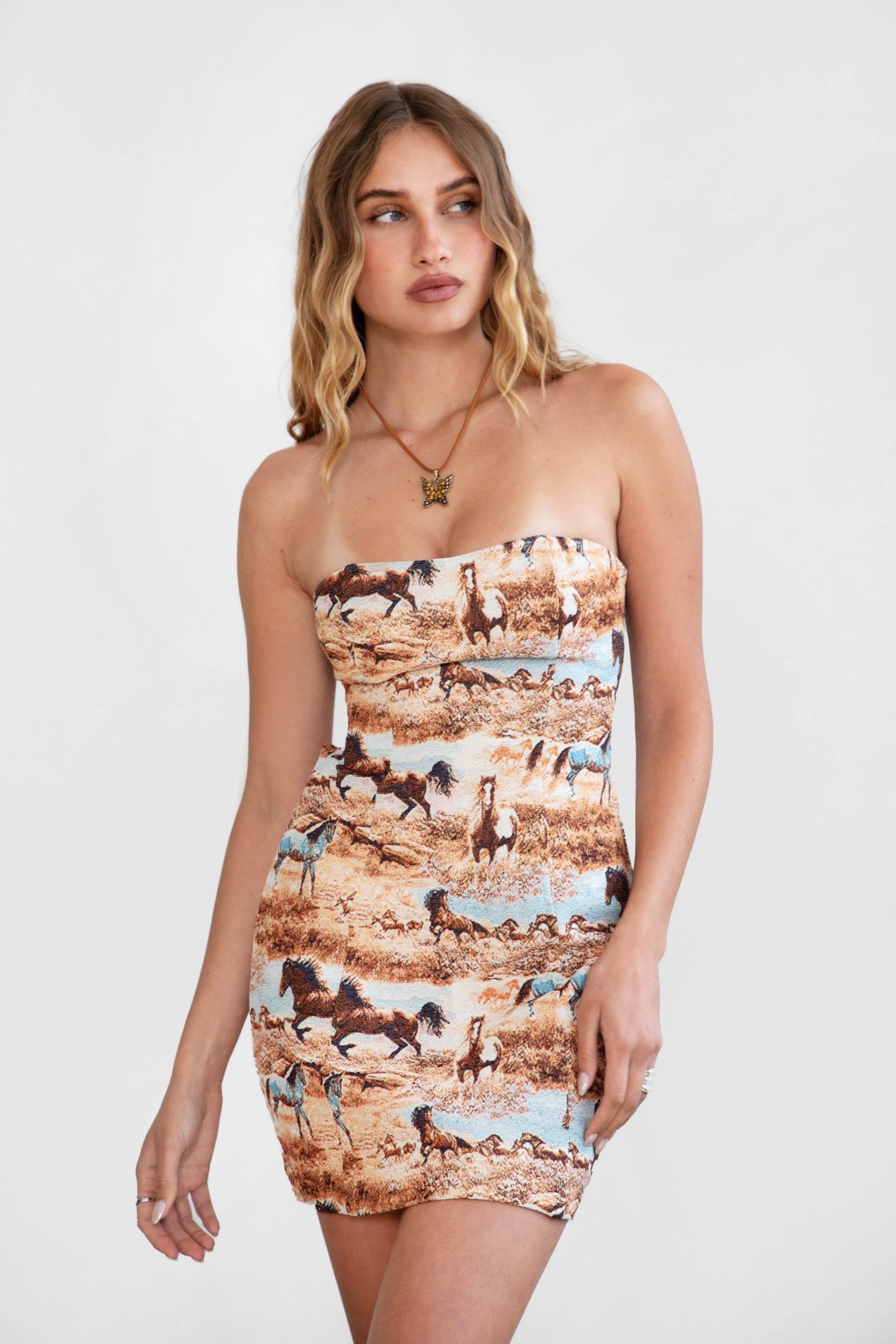 DA30763-DJANGO-Dress_Tapestry_Horse_Print_Strapless_Mini_Dress_front_outfit